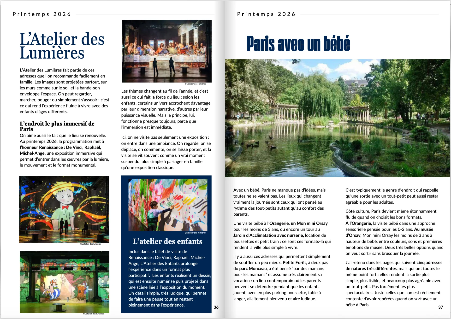 Doubles pages du magazine Printemps 2026 consacrées à l'Atelier des Lumières