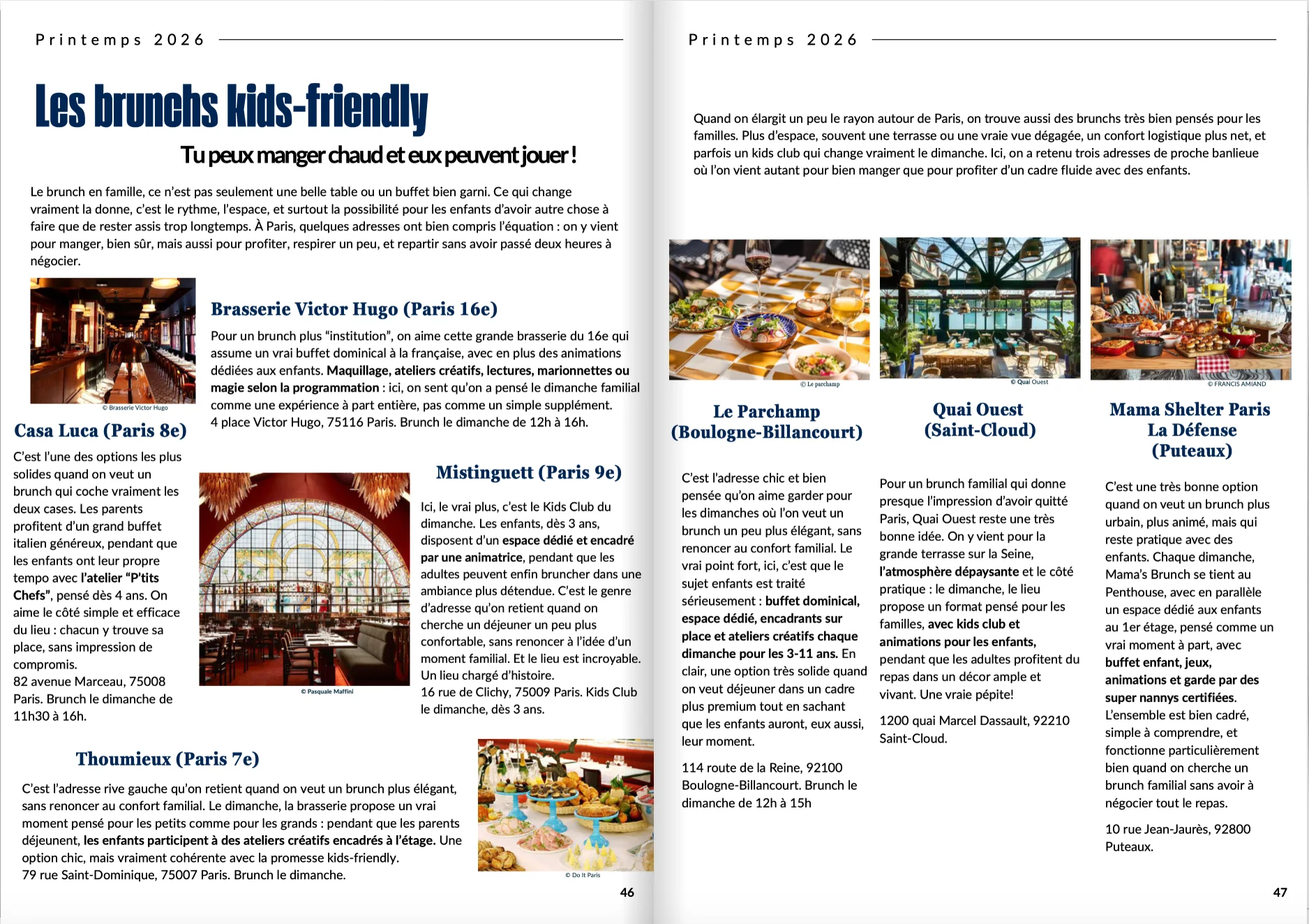 Doubles pages du magazine Printemps 2026 consacrées aux brunchs kids-friendly