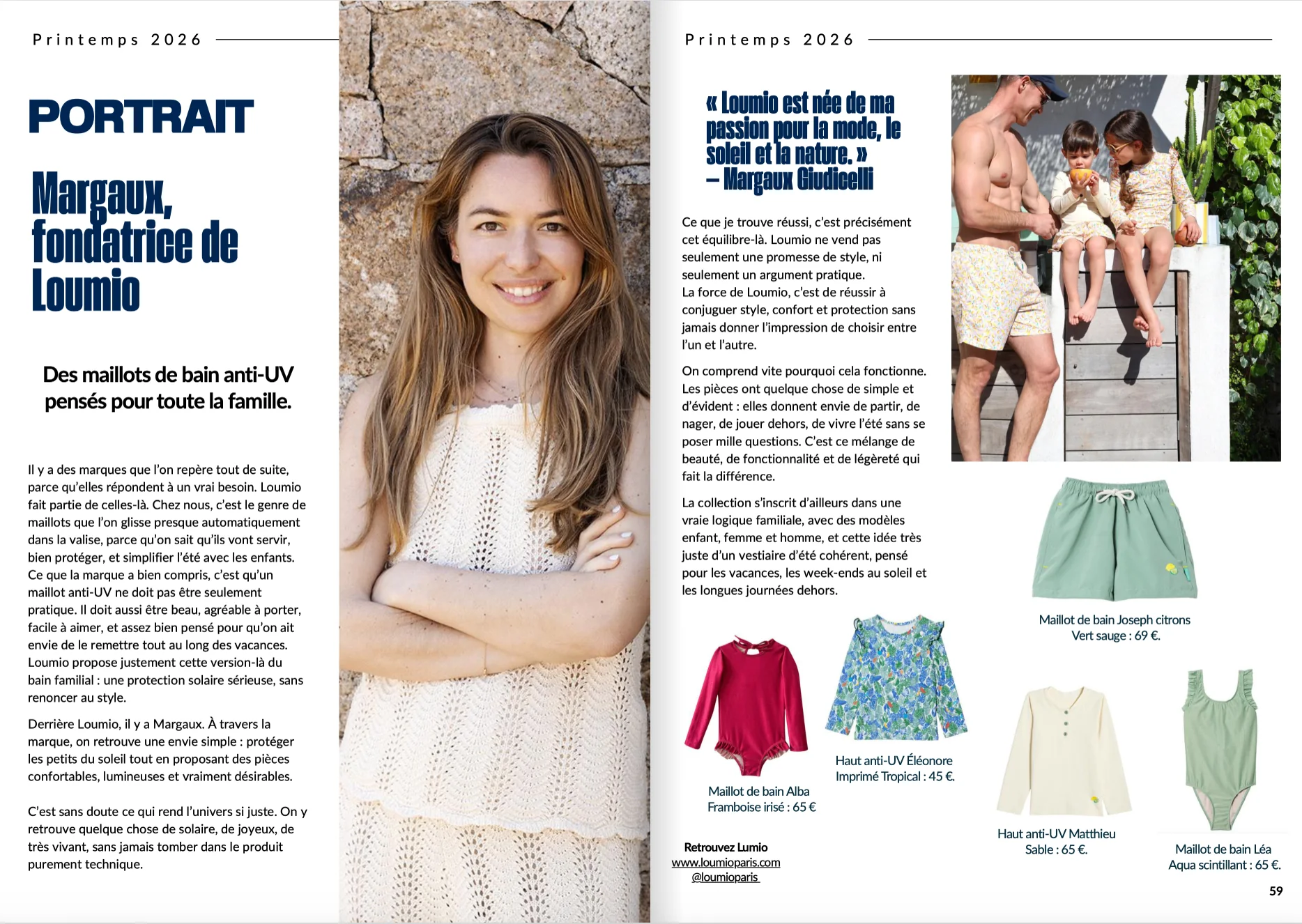 Doubles pages du portrait de Margaux, fondatrice de Loumio, dans le magazine Printemps 2026