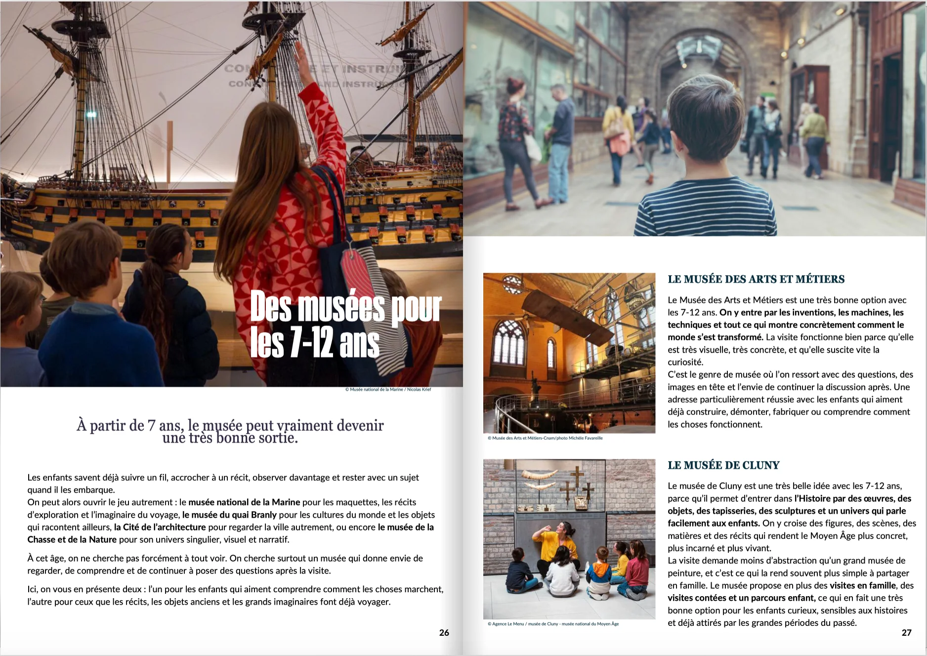 Doubles pages du dossier musées pour les 7 à 12 ans du magazine Printemps 2026
