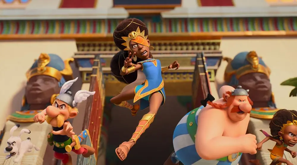 Astérix, Obélix et leurs compagnons dans une scène du Royaume de Nubie