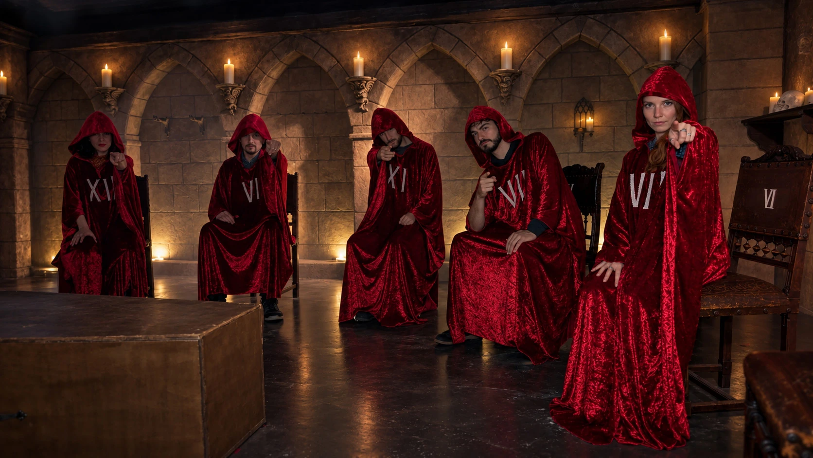 Les joueurs de Wolf Gang en capes rouges dans le décor de la crypte